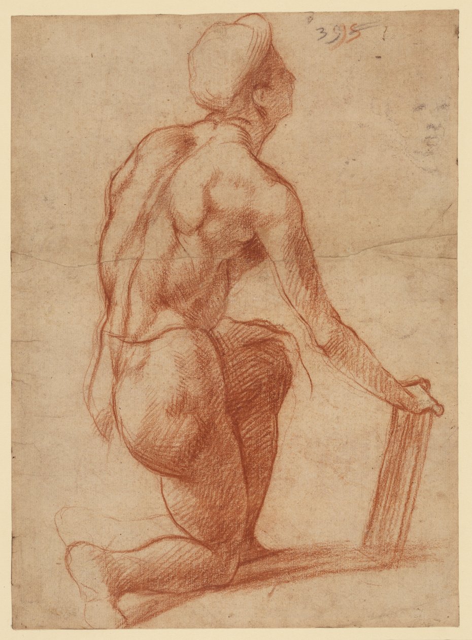 Estudo de uma figura ajoelhada com esboço de um rosto (recto); estudo de figura e rosto (verso) de Andrea del Sarto