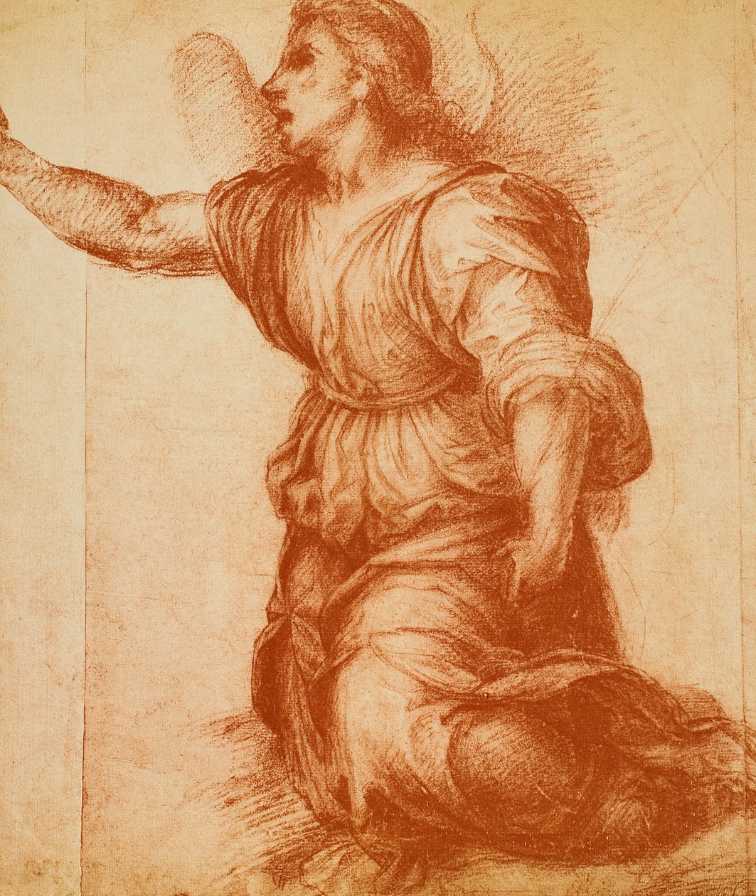 Estudo de um anjo, desenhando por Andrea del Sarto feito para o anúncio agora abrigado na galeria de Palatina. Gabinete de Desenhos e Gravuras, Galeria Uffizi, Florença de Andrea del Sarto