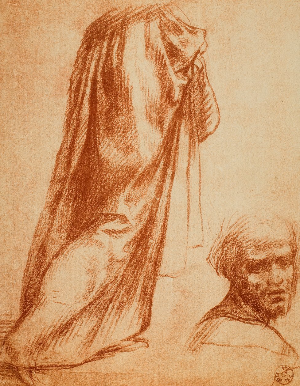 Estudo de cortinas e retrato masculino; desenho de Andrea del Sarto. Gabinete de Desenhos e Gravuras, Galeria Uffizi, Florença de Andrea del Sarto