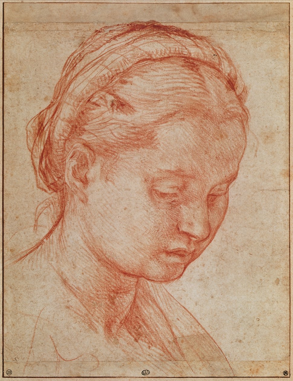 Estudo da cabeça de Santa Catarina para a Deposição com a Virgem Maria e os Santos no Palácio Pitti, 1523-24 (giz vermelho sobre papel) (ver 379730) de Andrea del Sarto