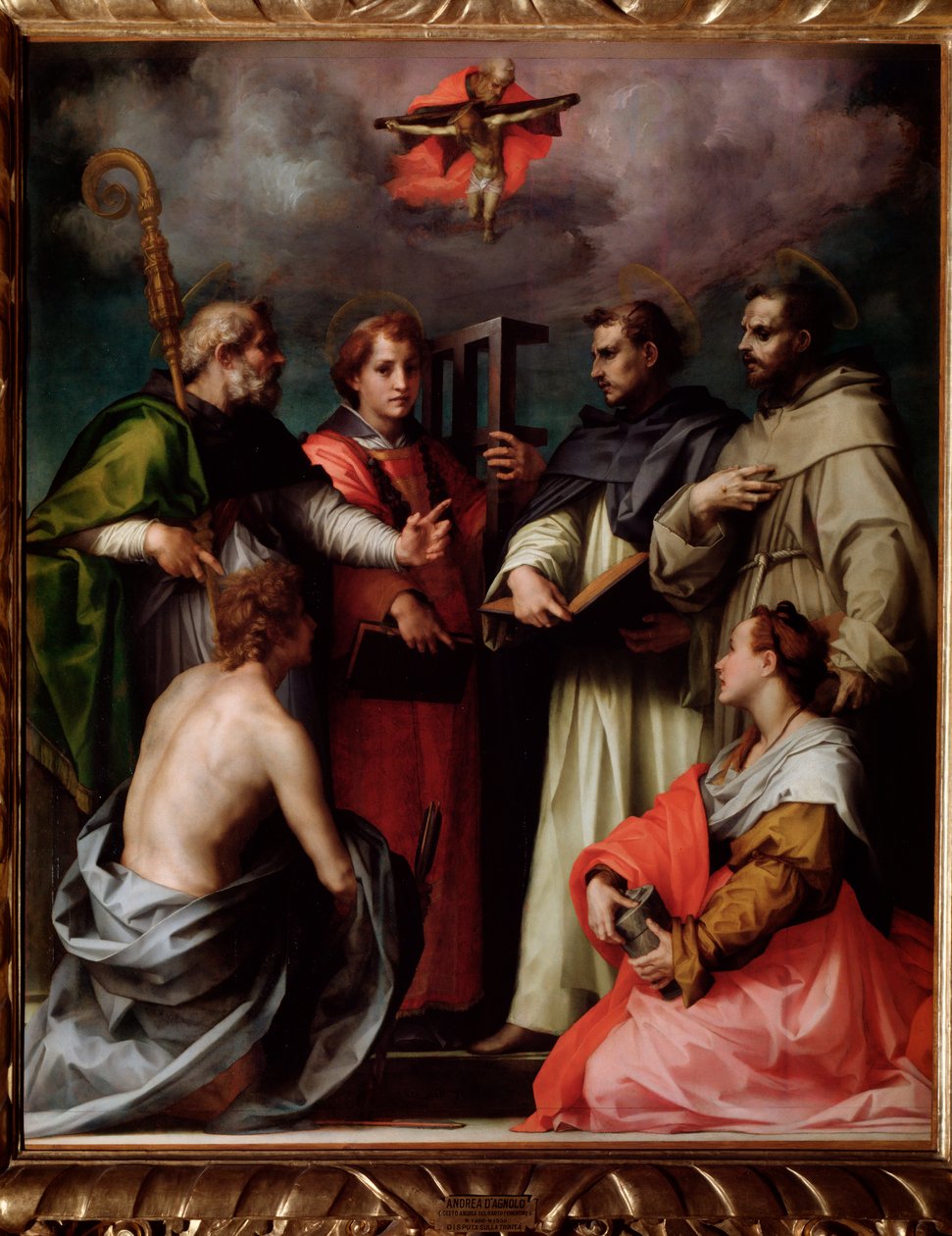 A disputa da Santíssima Trindade, com São Pedro, São Lourenço, Santo Agostinho de Hipona, São Francisco, São Sebastião, Santa Maria Madalena (Pintura, c.1517) de Andrea del Sarto