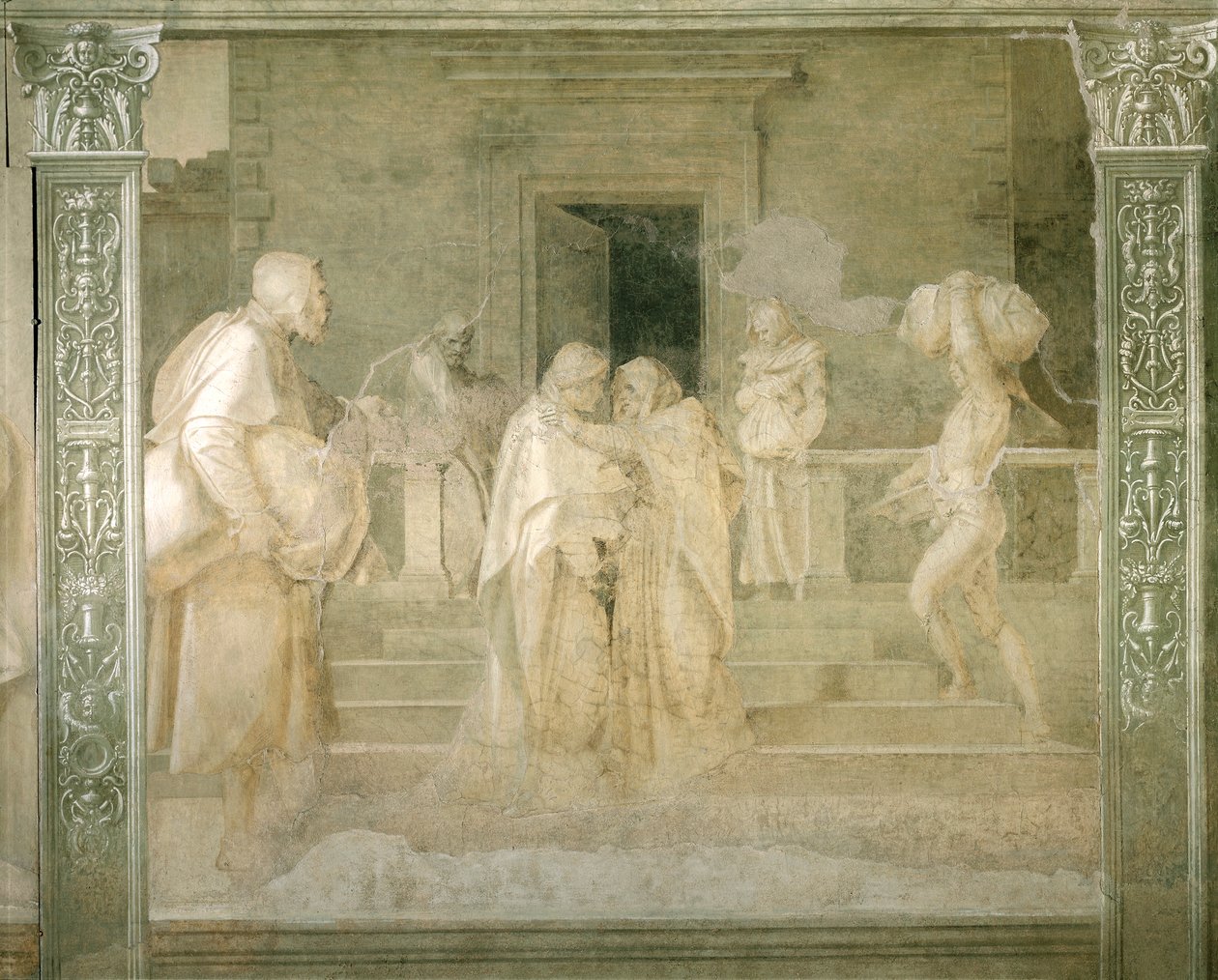 Visita da Virgem a Isabel, detalhe de Stories of Virgin de Andrea del Sarto (1486-1530), afresco em monocromo, Claustro de Scalzo, Florença de Andrea del Sarto