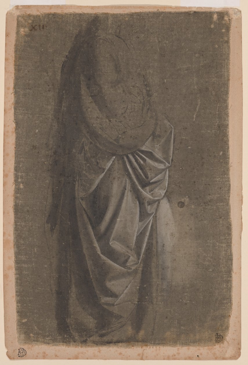 Estudo de drapeado de uma figura de pé virada para a direita, de perfil de Andrea del Verrocchio