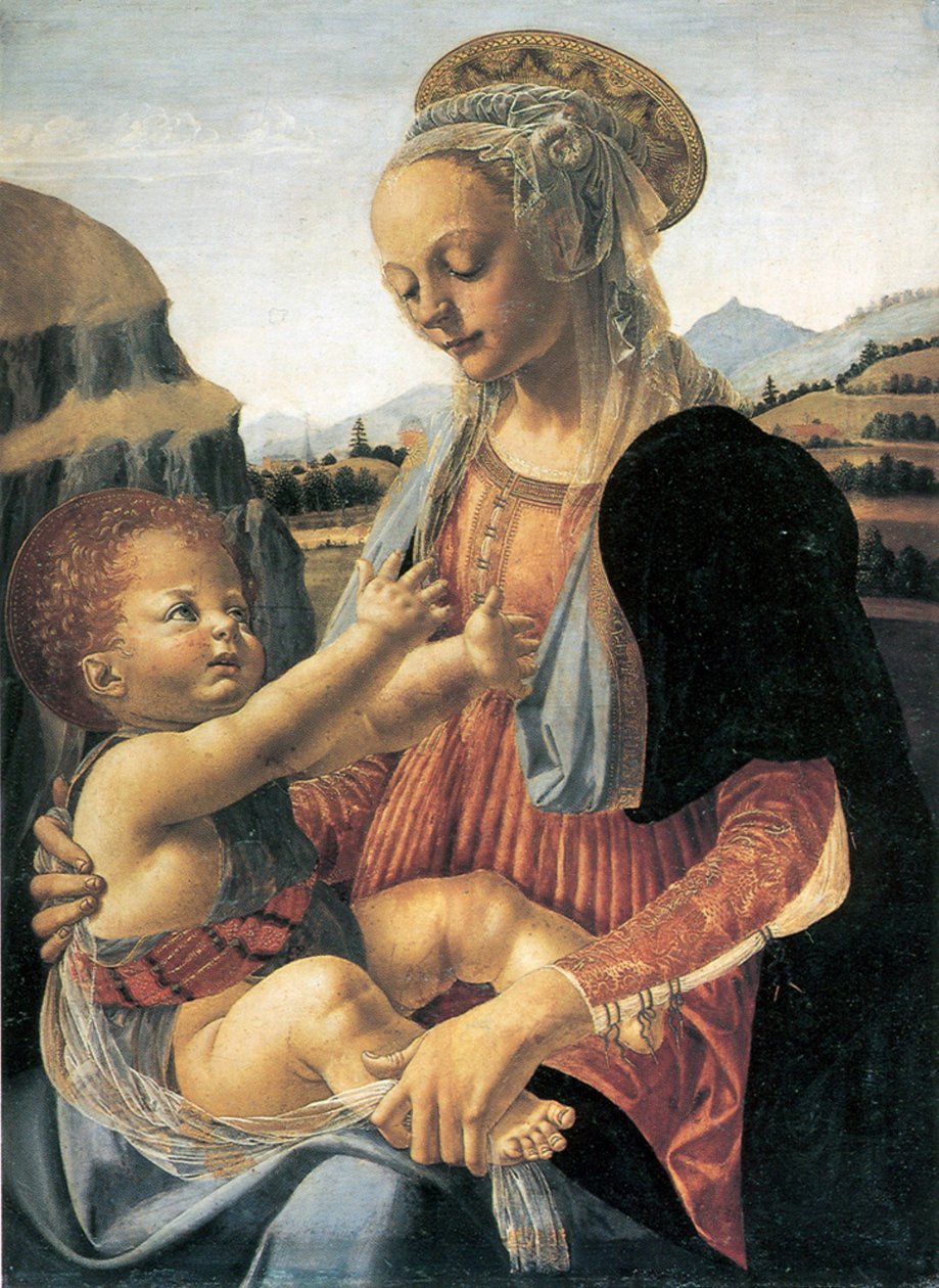 Alemão: Maria mit dem Kind Virgem com o Menino sentado de Andrea del Verrocchio