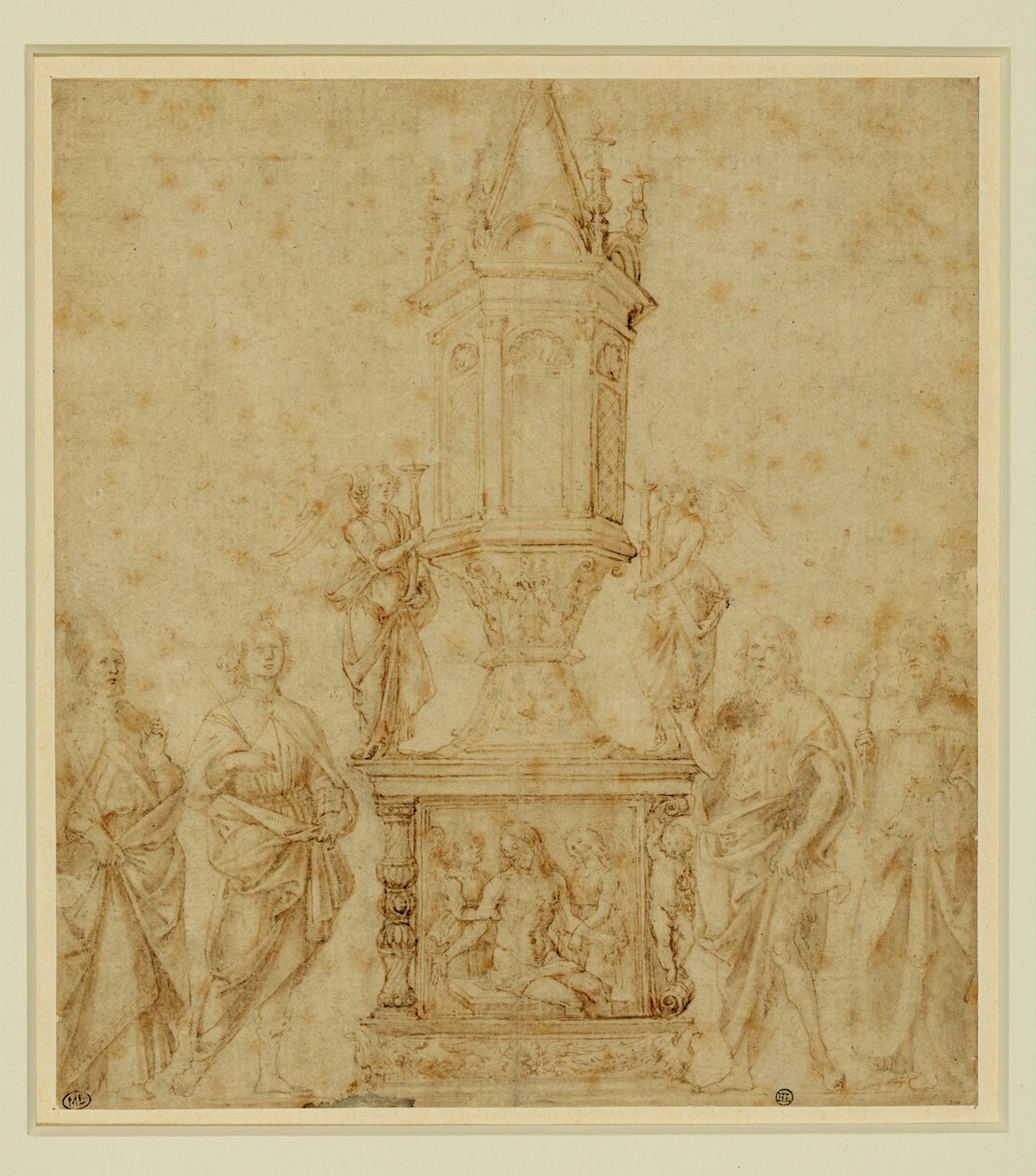 Escola de Verrocchio. Relicário entre um santo ... de Andrea del Verrocchio