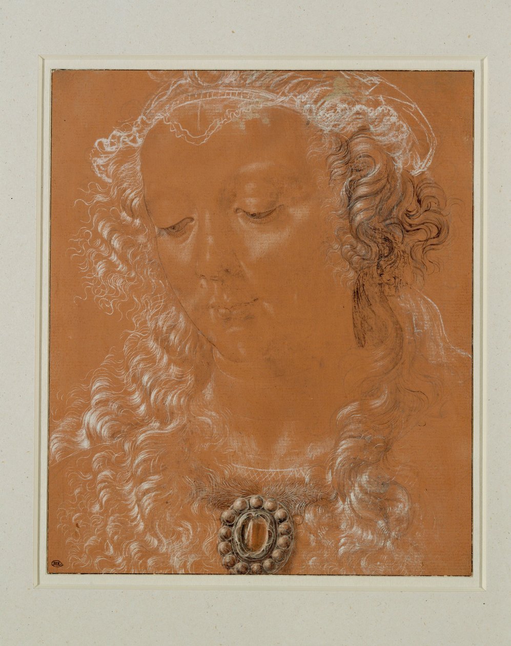 Cabeça de mulher, olhos baixos, ligeiramente virada para a esquerda ... de Andrea del Verrocchio