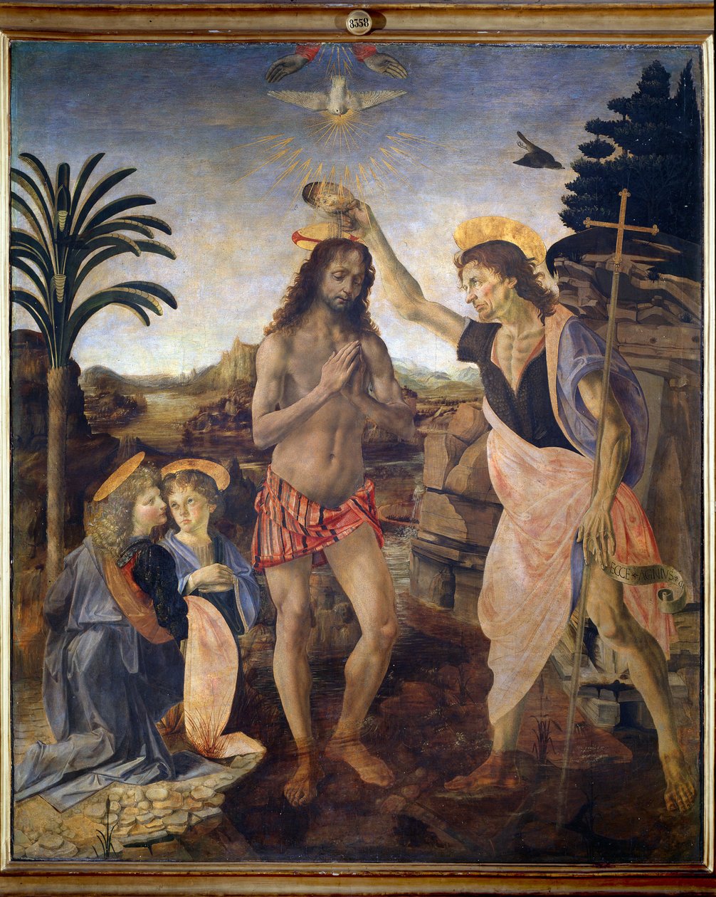 O batismo de Cristo - óleo e tempera no painel de Andrea del Verrocchio