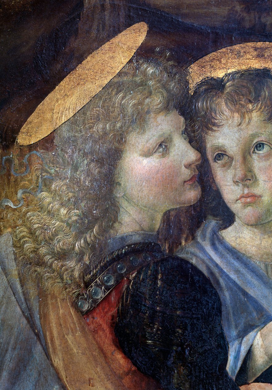 O batismo de Cristo, Detalhe - óleo e tempera no painel de Andrea del Verrocchio