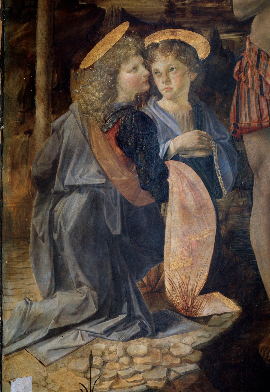 O batismo de Cristo, Detalhe - óleo e tempera no painel de Andrea del Verrocchio