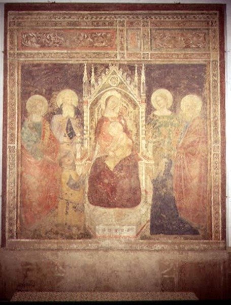 Madonna e Child com a SS. Elia, João Batista, Nicolau e Leonard (fresco) de Andrea di Bonaiuto (fl.1343 77)