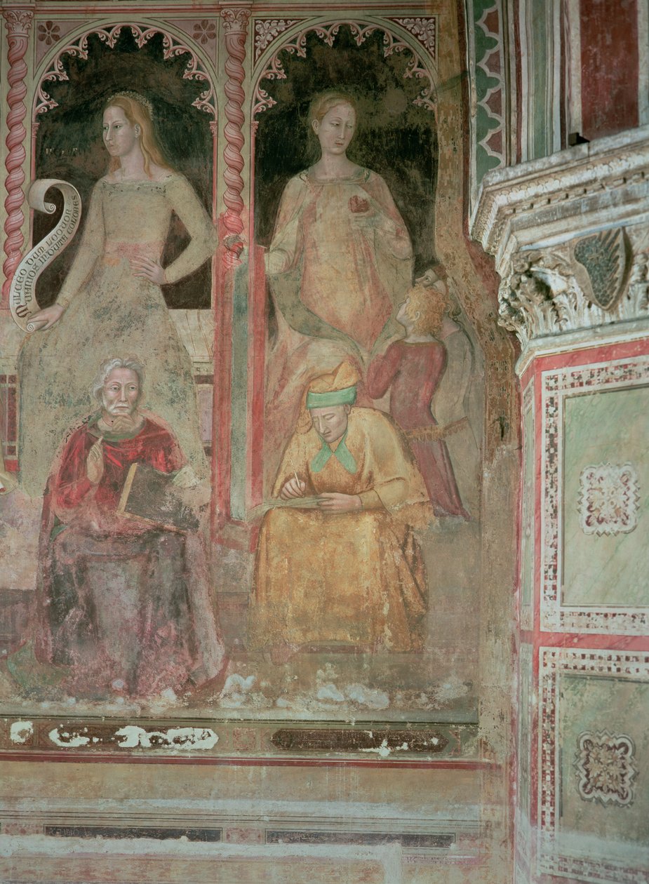 A Igreja Militante e Triunfante, na Capela Espanhola, detalhe da Retórica, Cícero, Gramática e Aelius Donatus de Andrea di Bonaiuto (fl.1343 77)