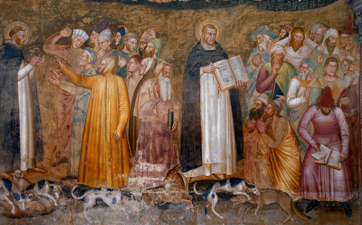 O triunfo da igreja militante: Tomás de Aquino perante os hereges e, em baixo à direita, Fra Dolcino rasgou a doutrina oficial da Igreja. Capela dos Espagniardos (Detalhe do fresco ,1365) de Andrea di Bonaiuto (fl.1343 77)
