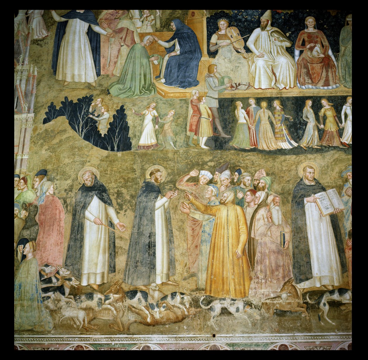 São Domingos envia os Cães de Deus, com São Pedro Mártir e São Tomás de Aquino, c.1369 de Andrea di Bonaiuto