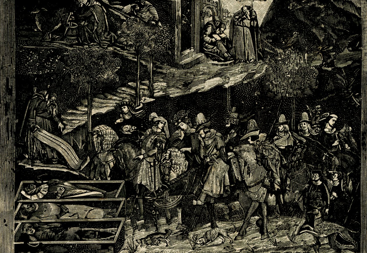 Equitação, detalhe de Triumph of Death, fresco de Andrea Orcagna (cerca de 1315-1368), Pisa, Toscana, Itália, xilogravura de Le cento citta d