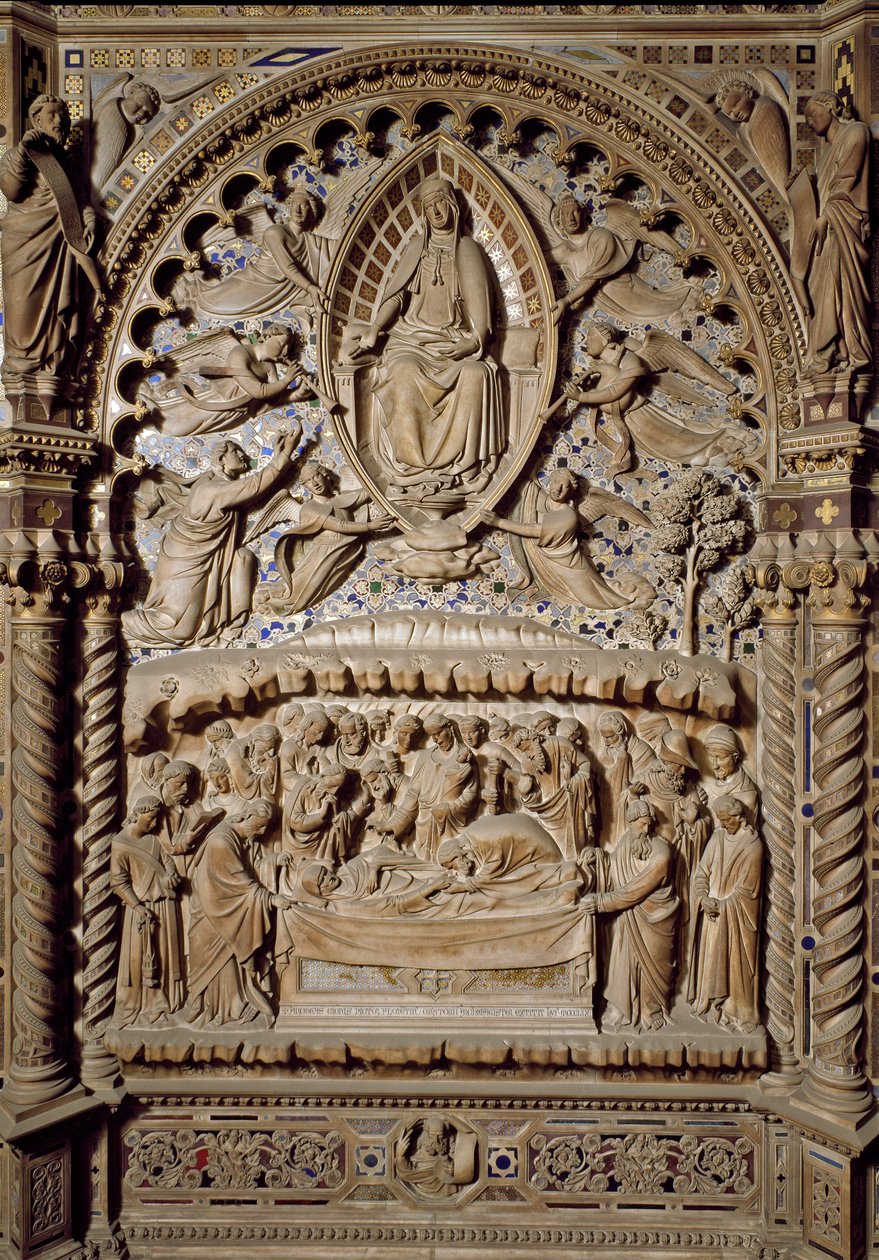 Tabernáculo: Morte e Assunção da Virgem Maria. Alto relevo em mármore de Andrea di Cione Orcagna