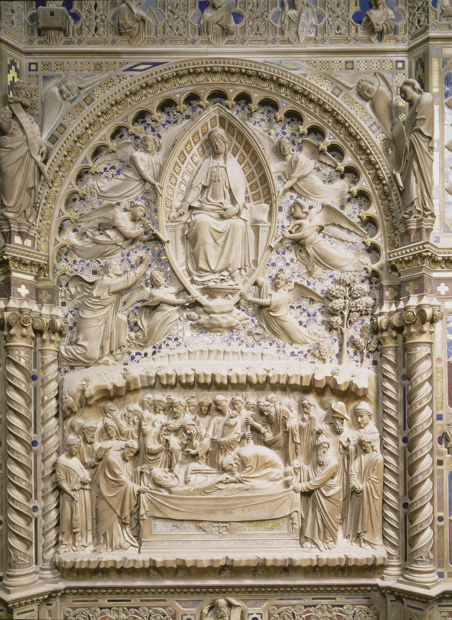 Tabernáculo, detalhe mostrando a Morte e Assunção da Virgem, 1359 de Andrea di Cione Orcagna