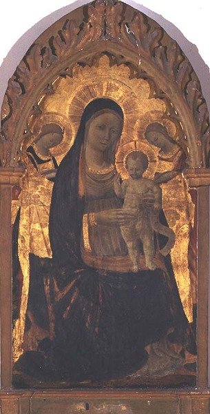 Madonna e Child with Two Angels (tempera no painel) de Andrea di Giusto Manzini
