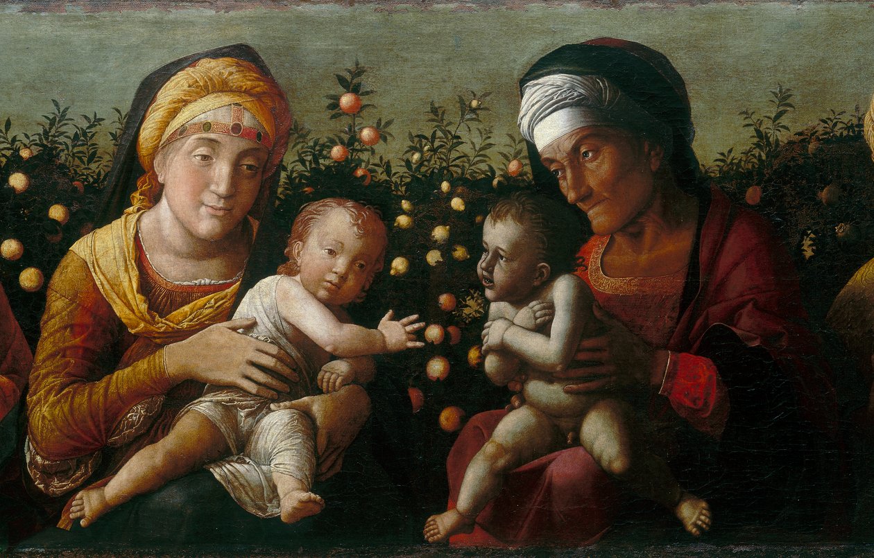 A Sagrada Família com os Santos Elisabeth, John e Zachary, detalhe de Andrea school of Mantegna