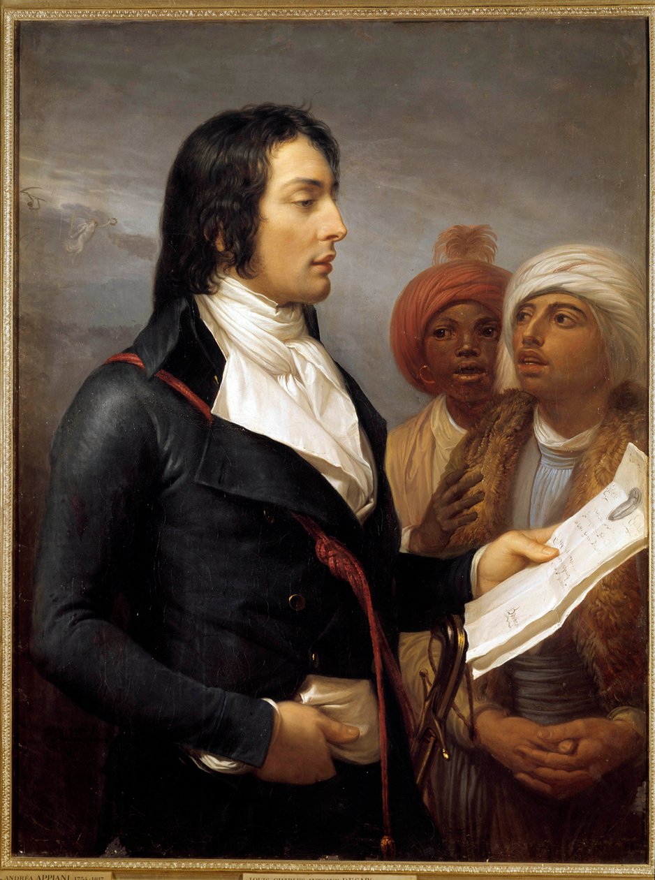Campanha (Expedição) do Egito (1798-1801): "Retrato do General Charles Antoine Desaix de Veygoux (1768-1800) lendo uma agenda do General Bonaparte a dois egípcios durante a Expedição do Egito Uma IX da República" Pintura de Andrea Appiani a de Andrea the Elder Appiani