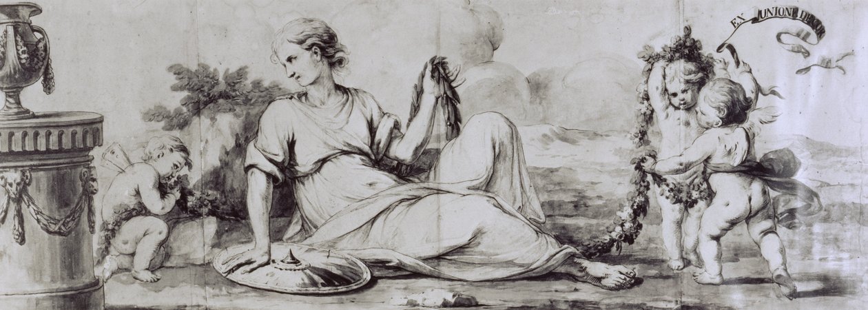 Figura feminina com putti, composição alegórica, ca. 1754, desenho de Andrea Appiani (1754-1817) para cómoda -bureau de Giuseppe Maggiolini, Itália de Andrea the Elder Appiani