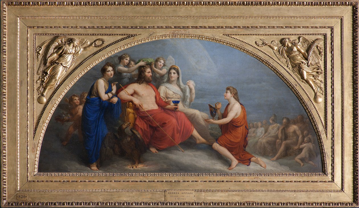O Olimpo (Júpiter, coroado com mirto pelas Horas, oferece um globo a Ganímedes para ser servido com néctar) de Andrea the Elder Appiani