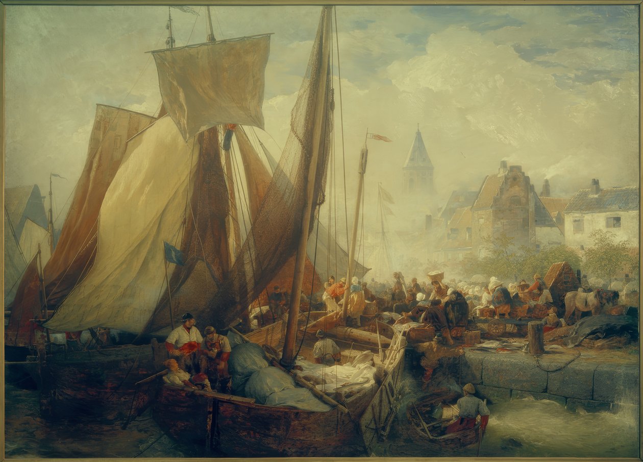 Achenchen, mercado de peixe em Ostende de Andreas Achenbach