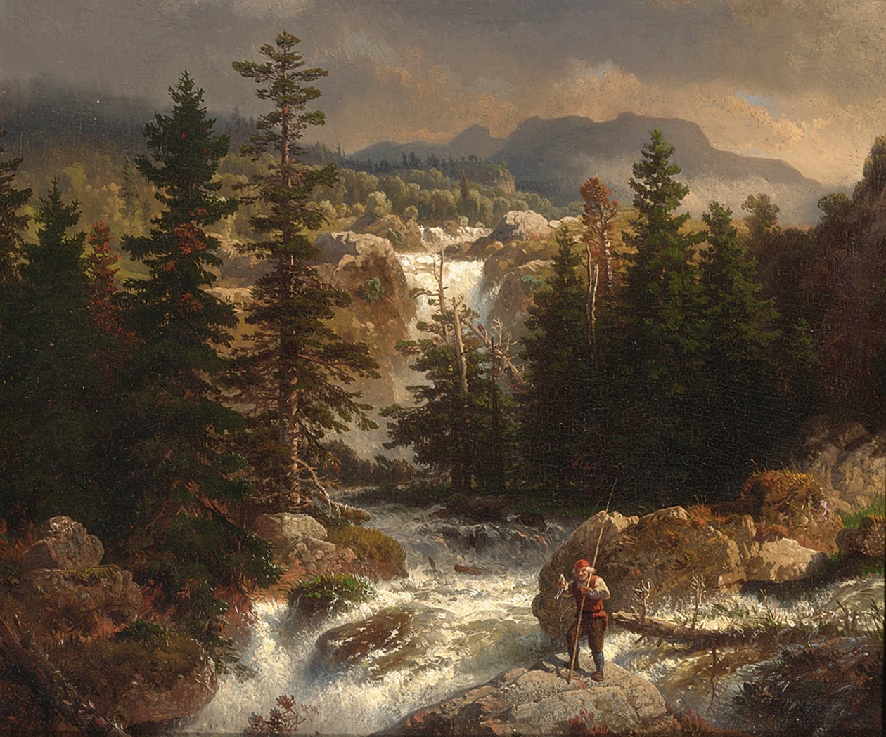 Um pescador inspeciona sua captura em uma torrente de Andreas Achenbach