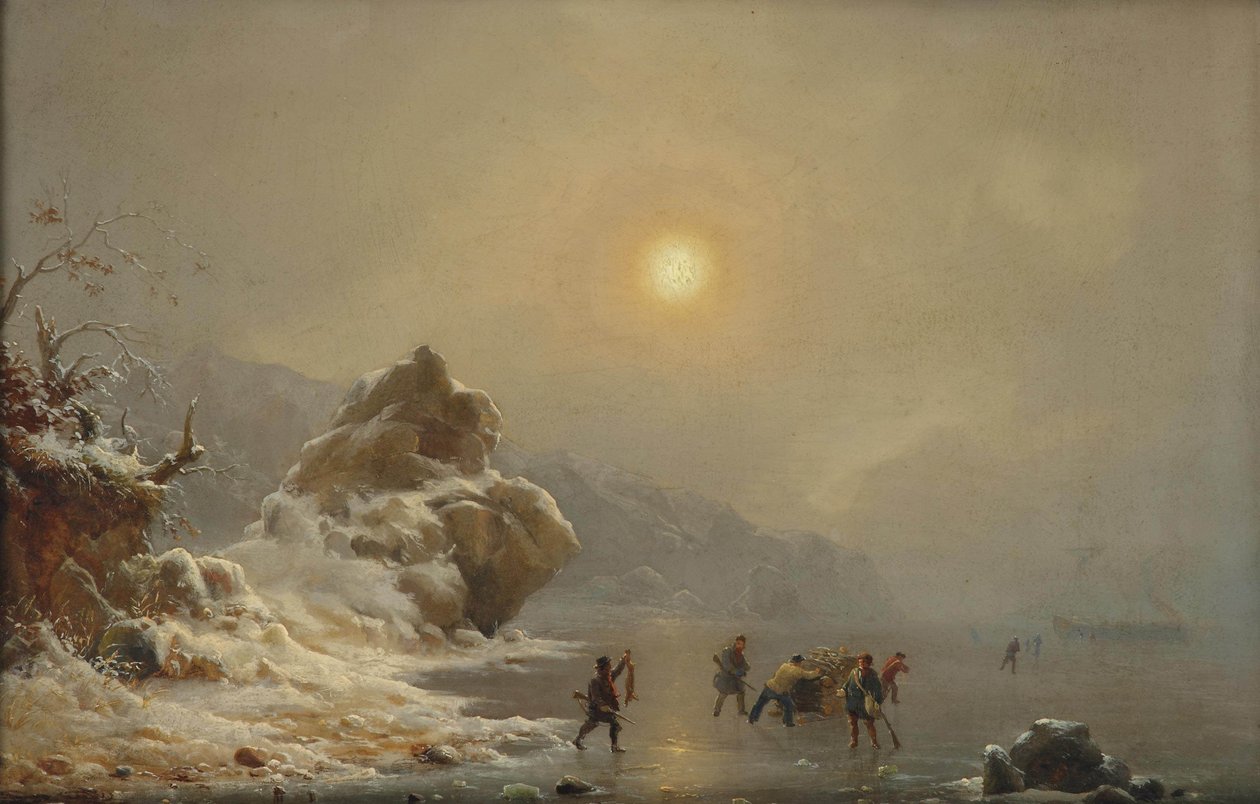 Uma paisagem de inverno com caçadores no gelo de Andreas Achenbach
