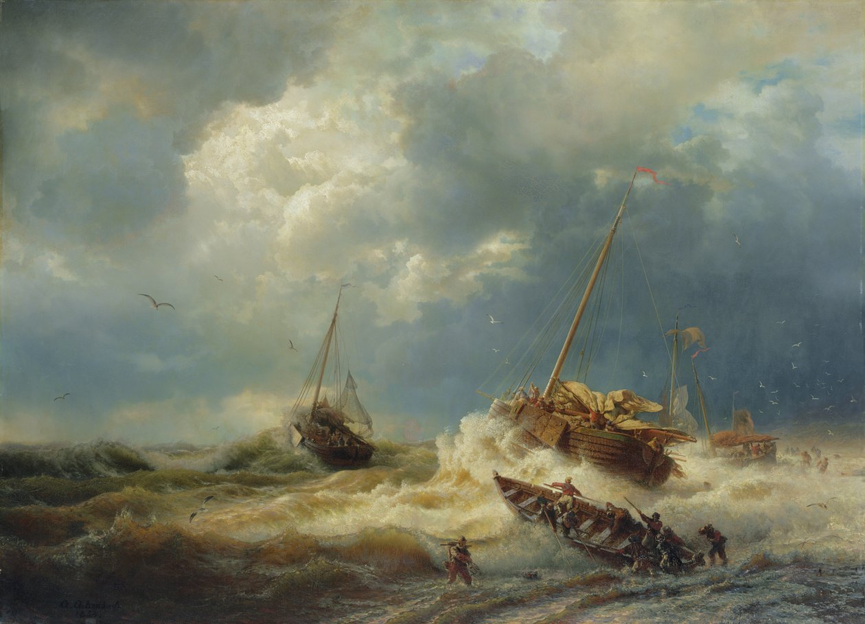 Navios em uma tempestade na costa holandesa, 1854 de Andreas Achenbach