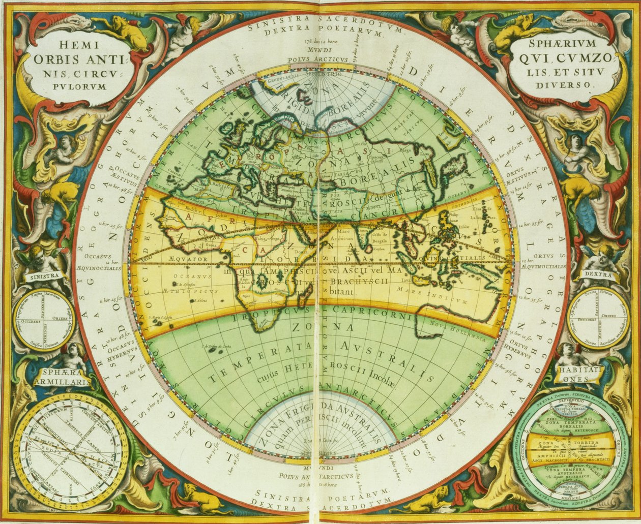 Ancient Hemispheres of the World, placa 94 do "Atlas Celestial, ou a Harmonia do Universo" (Atlas coelestis sua harmonia macrocosmica) pub. por Joannes Janssonius, Amsterdam, 1660-1 (gravado de Andreas Cellarius