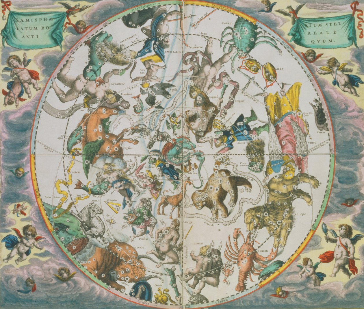Planisphere celestial que mostra os sinais do zodíaco, do atlas celestial, ou da harmonia do universo (atlas coelestis seu harmonia macrocosmica) bar. por Joannes Janssonius, Amsterdã, 166 de Andreas Cellarius