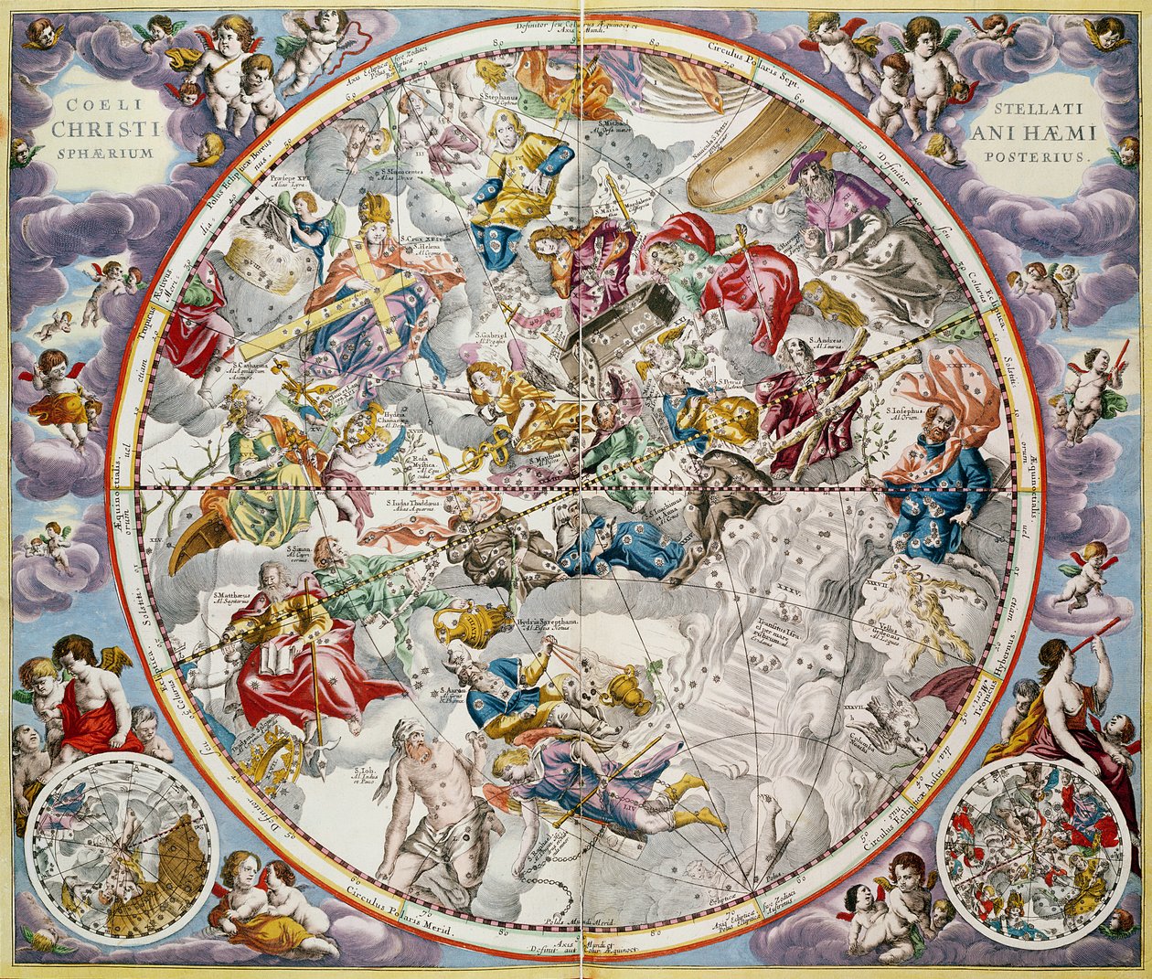 Mapa das constelações cristãs como descrito por Julius Schiller, do atlas do atlas celestial, ou da harmonia do universo (Atlas coelestis seu harmonia macrocosmica). por Joannes Janssonius, A de Andreas Cellarius