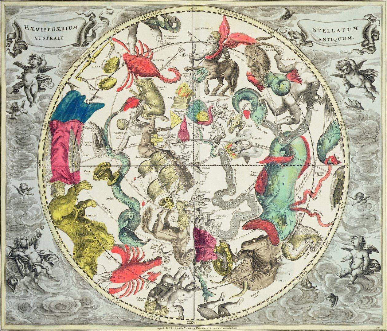 Mapa do Hemisfério Sul, da publicação "O Atlas Celestial, ou A Harmonia do Universo" (Atlas coelestis sua harmonia macrocosmica). por Joannes Janssonius, Amsterdam, 1660-61 (eng de Andreas Cellarius