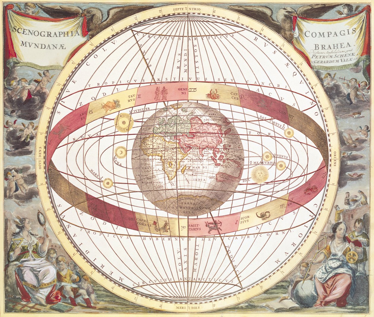 Planisfério, de &39;Atlas Coelestis&39;, gravado por Pieter Schenk (1660-1719) e Gerard Valk (1651-1726) (gravura a cores) de Andreas Cellarius