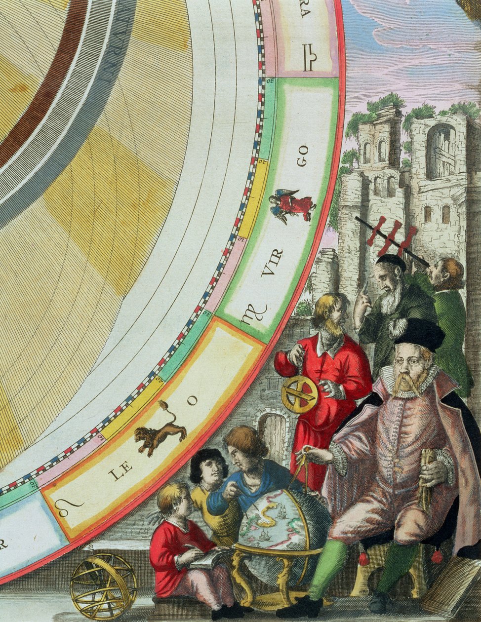 Tycho Brahe (1546-1601), detalhe de um mapa mostrando seu sistema de órbitas planetárias, do bar "Atlas Celestial Atlas, ou A Harmonia do Universo" (Atlas coelestis seu harmonia macrocosmica). de Joanne de Andreas Cellarius