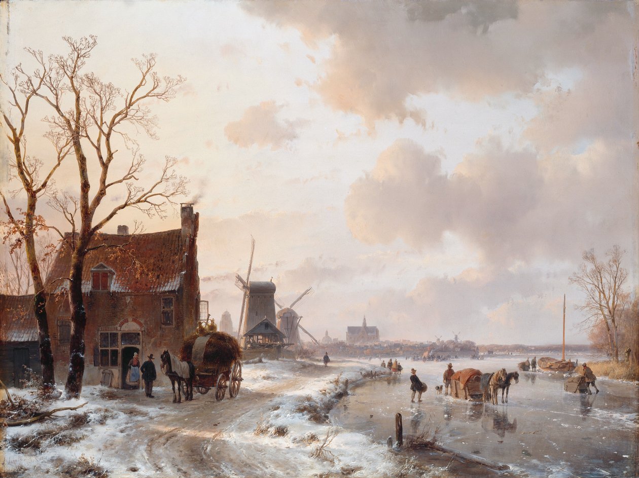 Paisagem do inverno com cavalos no gelo de Andreas Schelfhout