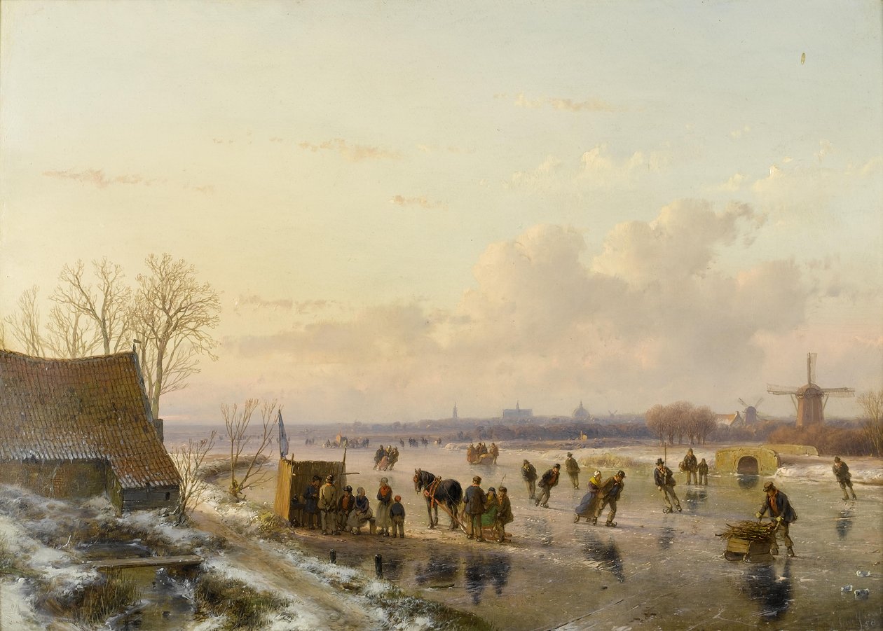 Paisagem de inverno com patinadores, Haarlem à distância de Andreas Schelfhout