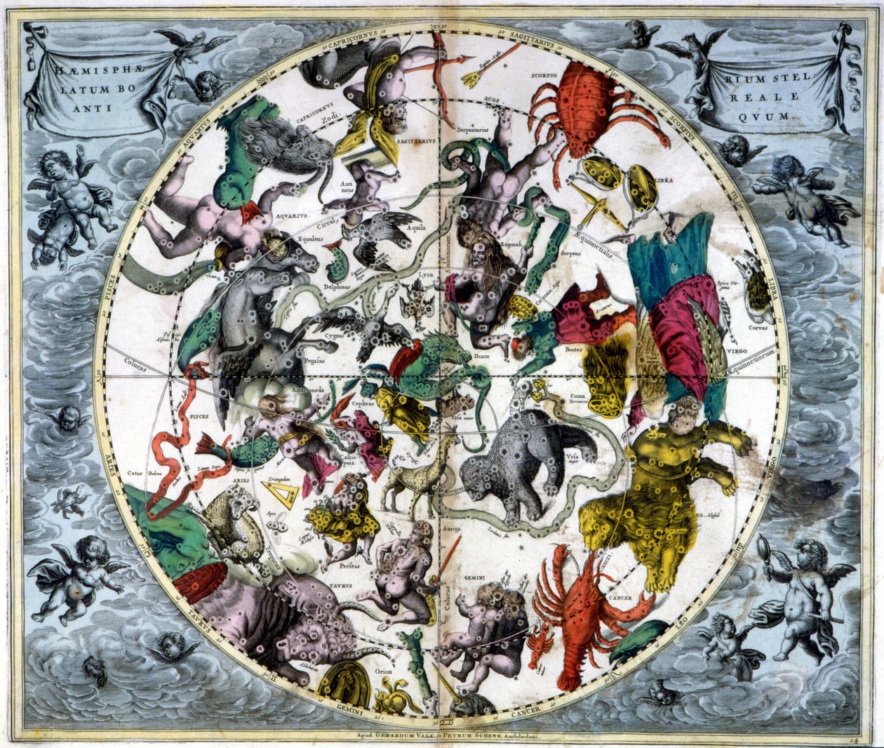 Mapa do céu e signos do zodíaco - fac-símile de uma composição antiga representando as constelações do céu do norte, baseado na "Harmonia Macrocosmica" de André Cellarius de Andreas (after) Cellarius