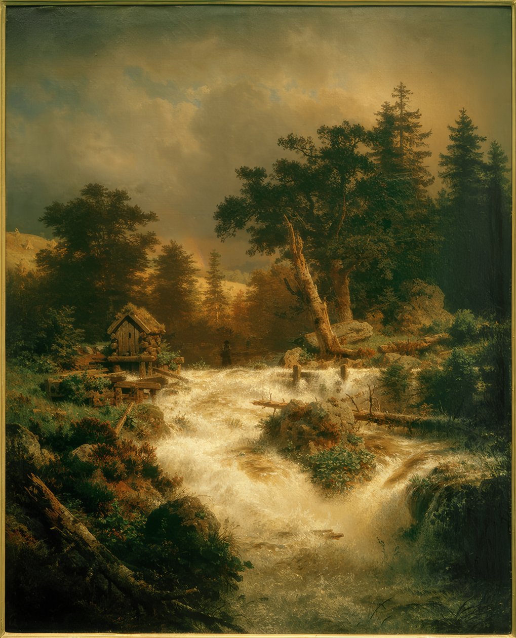A.Achenbach, cachoeira nórdica com arco-íris de Andreas Achenbach