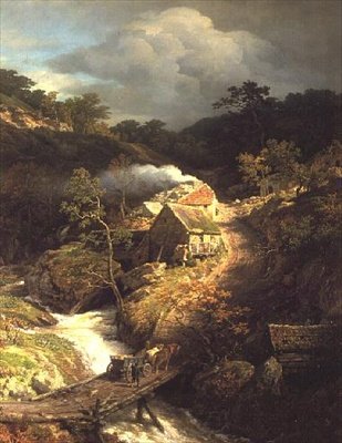 Uma paisagem montanhosa com uma torrente de Andreas Achenbach