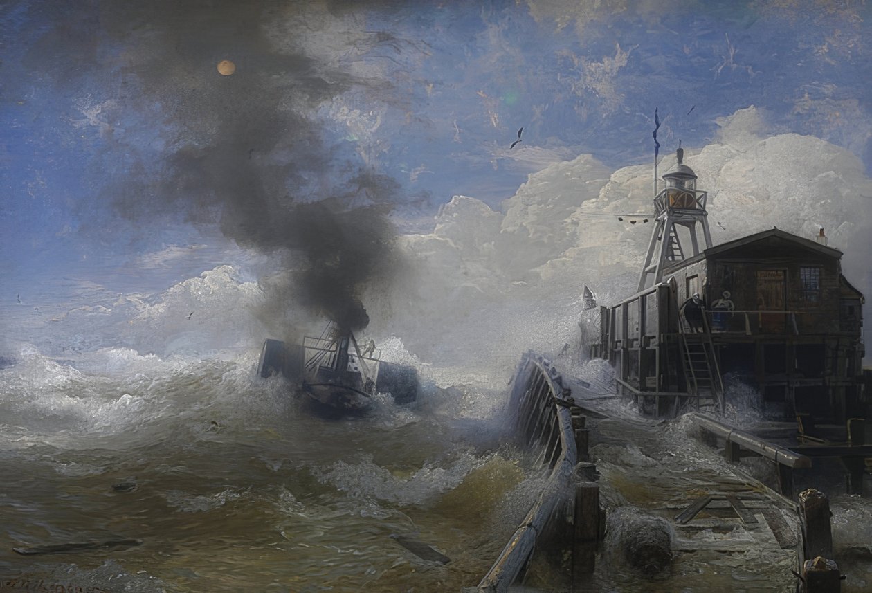 Um reboque deixa o porto de Ostende na maré alta. 1878 de Andreas Achenbach