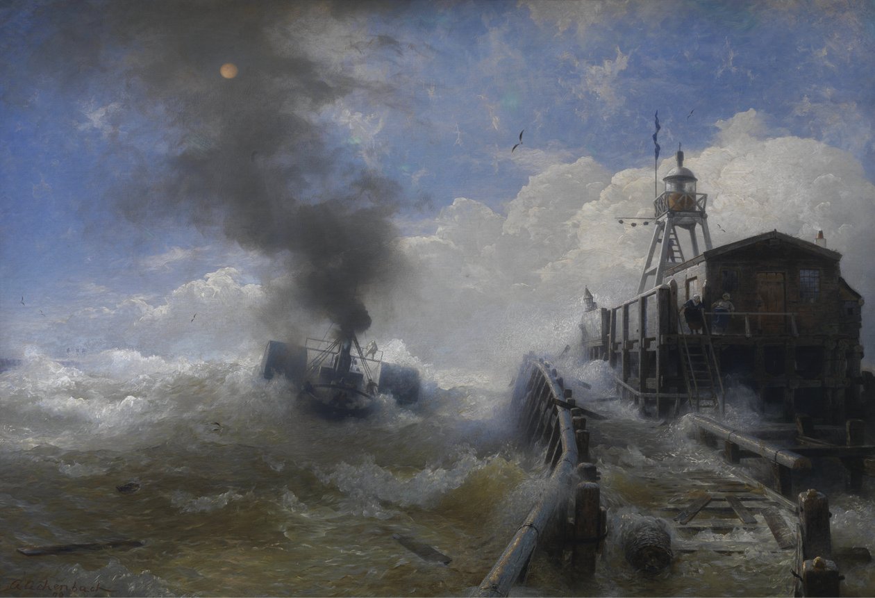 Alemão: Ein Schlepper verlässt den Hafen von Ostende bei Flut Rebocador que deixa o porto de Ostende no auge de Andreas Achenbach