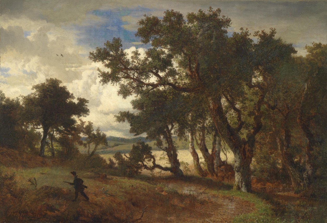 Caçadores no campo de Andreas Achenbach