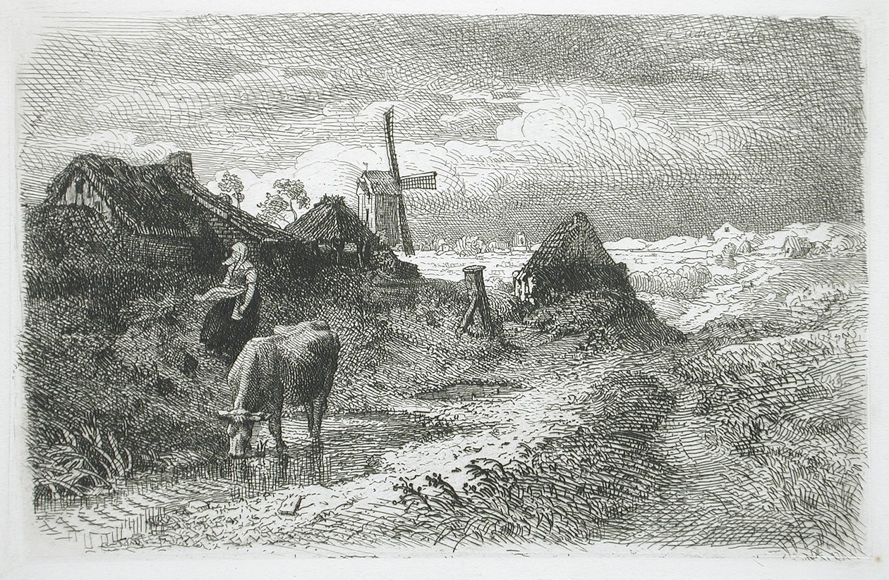 Paisagem com casas de campo e moinho de vento de Andreas Achenbach