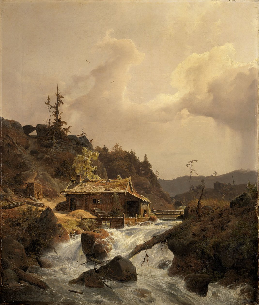 Paisagem norueguesa com serração de Andreas Achenbach