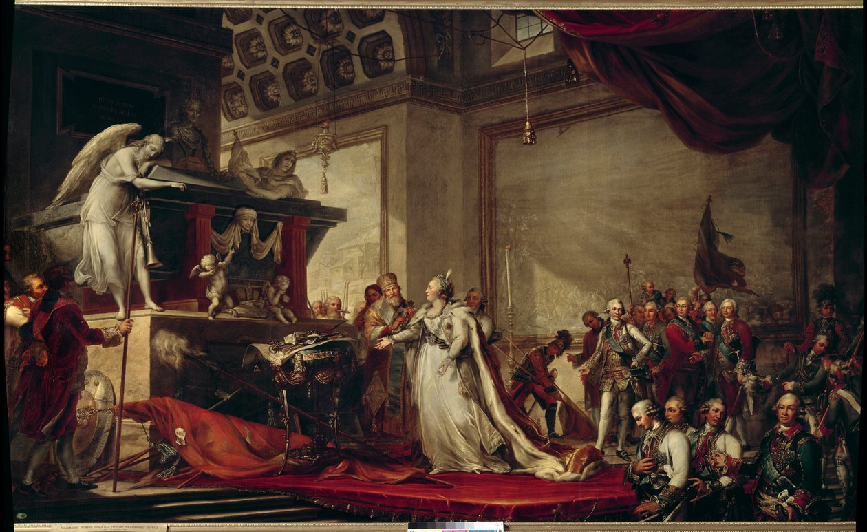Impressionar Catarina II da Rússia (1729-1796) coloca os trópicos retirados dos turcos em frente ao túmulo de Pedro, a Grande Pintura de 1791 por Andreas Caspar Hune (Huene) (1758-1813) - Pushkin (cidade) - (Palácio de Catarina?) de Andreas Caspar Hune