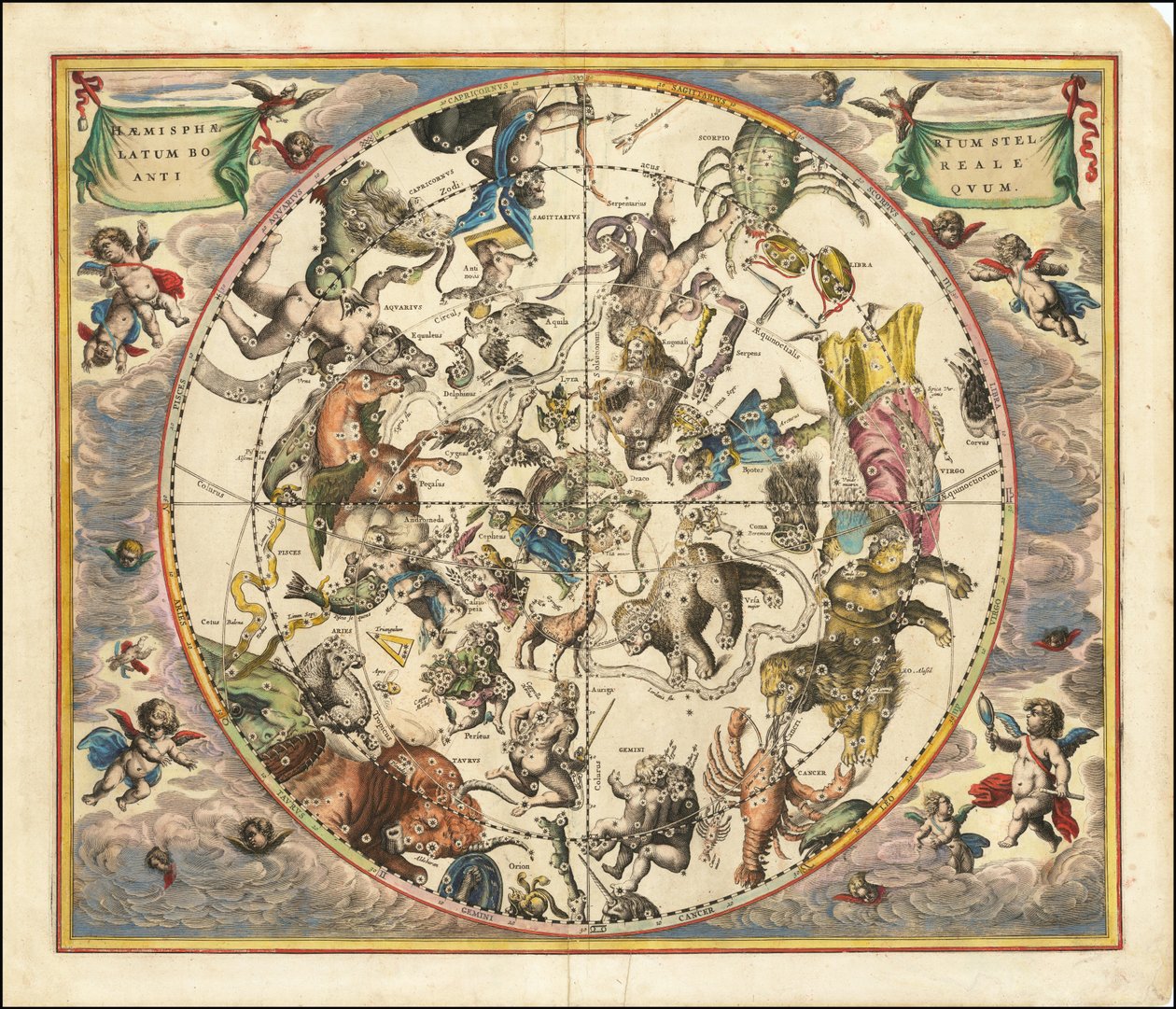 Mapa celeste de 1660 que ilustra as constelações do hemisfério norte sobrepostas ao hemisfério sul da Terra de Andreas Cellarius