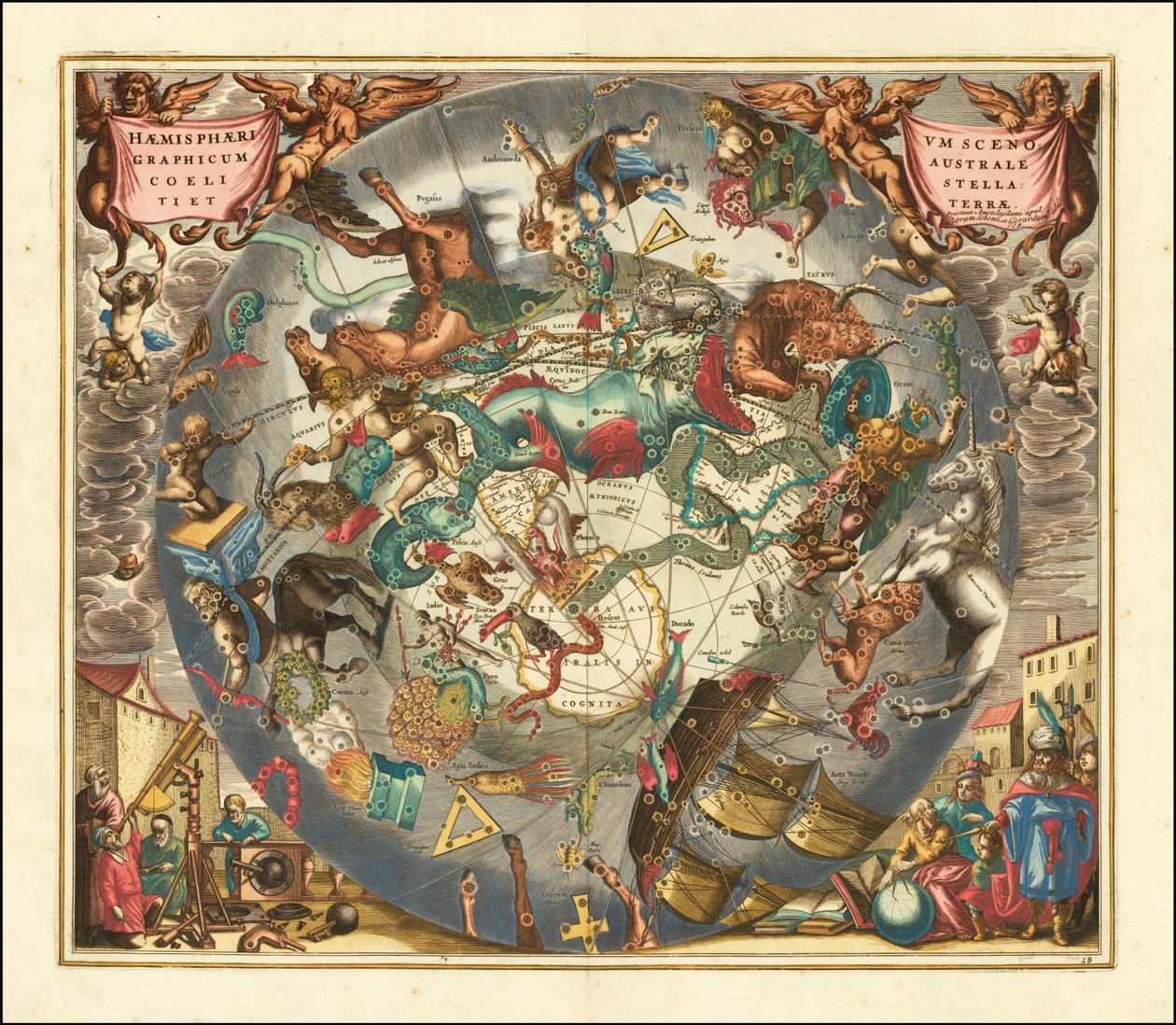 Mapa celeste do céu austral de 1660, ilustrando as constelações do hemisfério sul de Andreas Cellarius