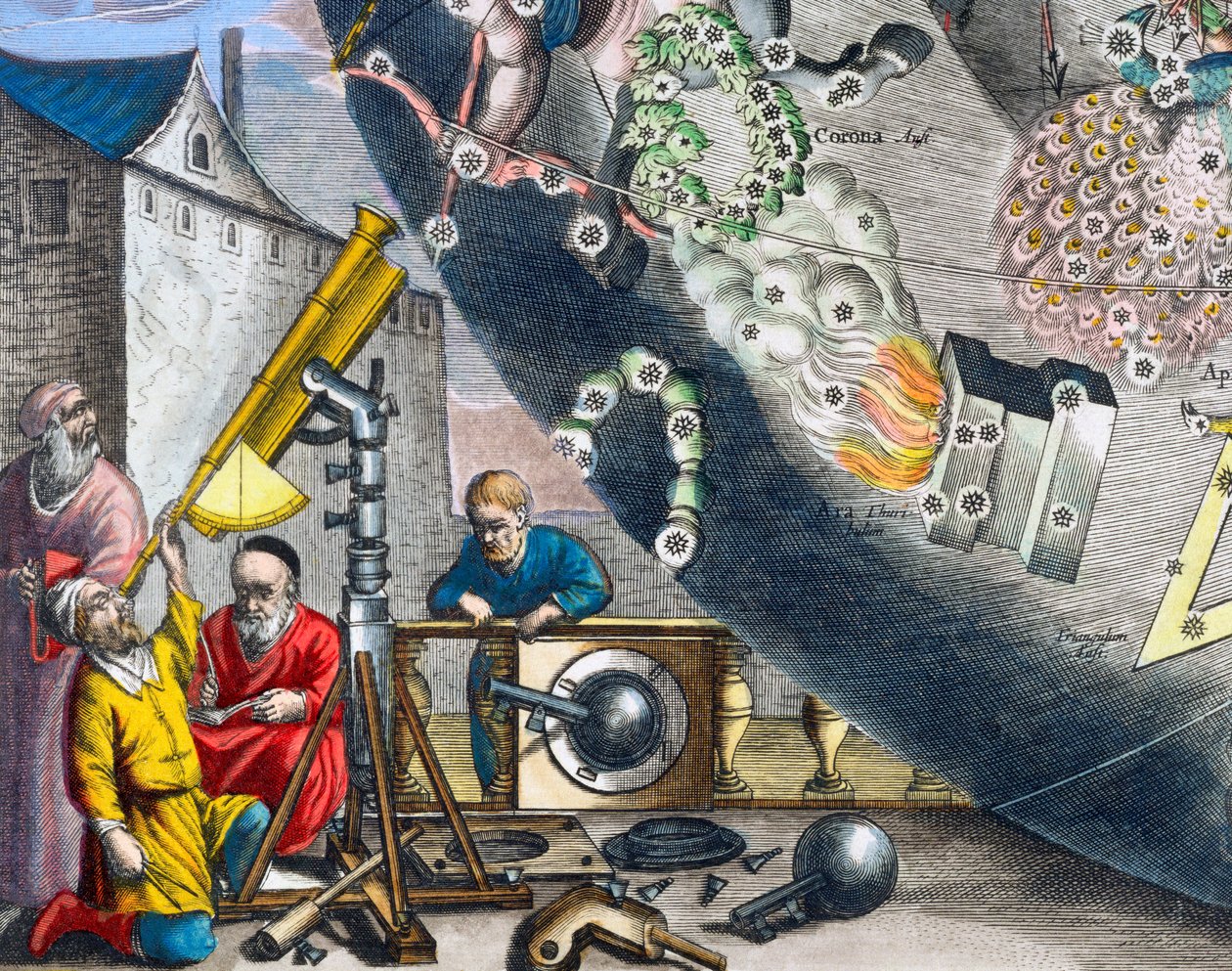 Astrônomos olhando através de um telescópio, 1660-1661 de Andreas Cellarius