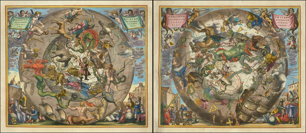 Hemisphaerii Borealis Coeli et Terrae Sphaerica Scenographia - Haemisphaerium Scenographicum Australe Coeli Stellati et Terrae de Andreas Cellarius